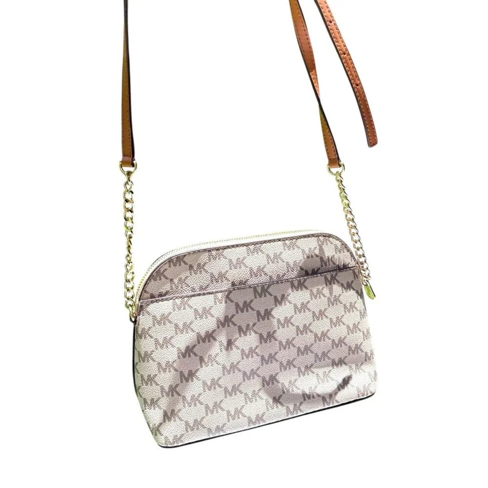 Michael Kors Cindy Dome Crossbody Bag MK Signature Natural Acorn Gold Large